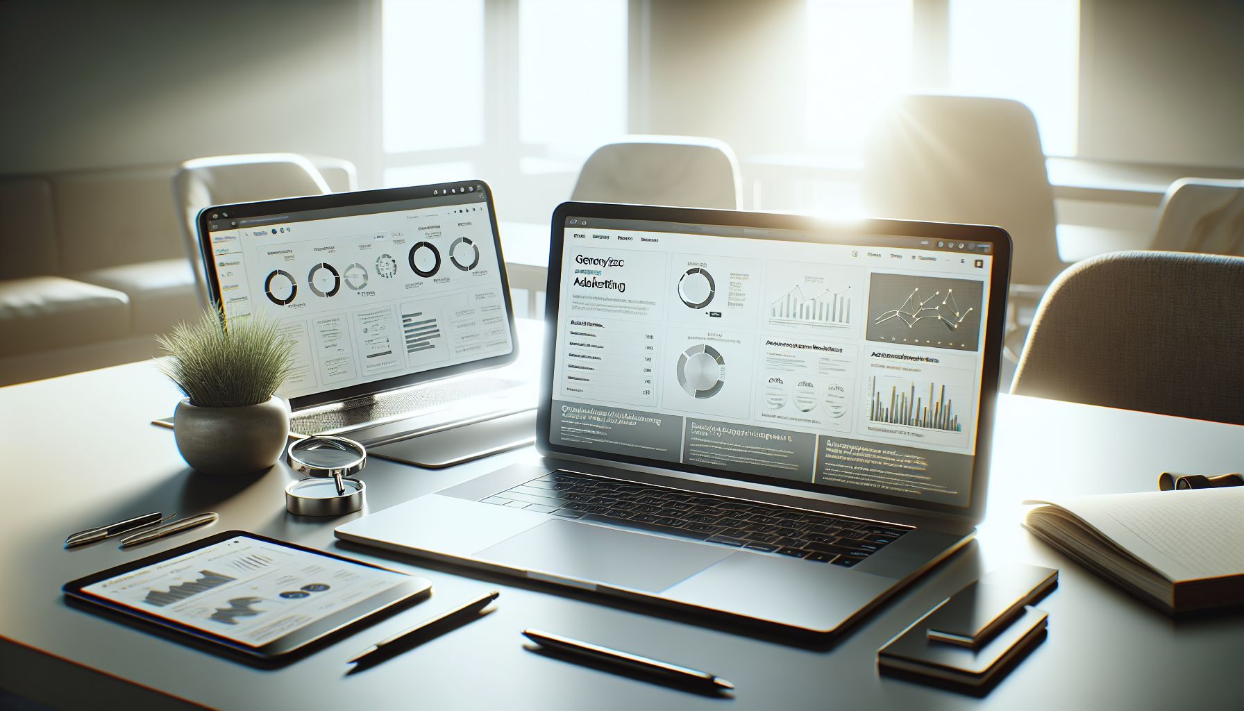 Laptop showing search results and tablet showing advertising analytics representing Google Ads vs SEO
